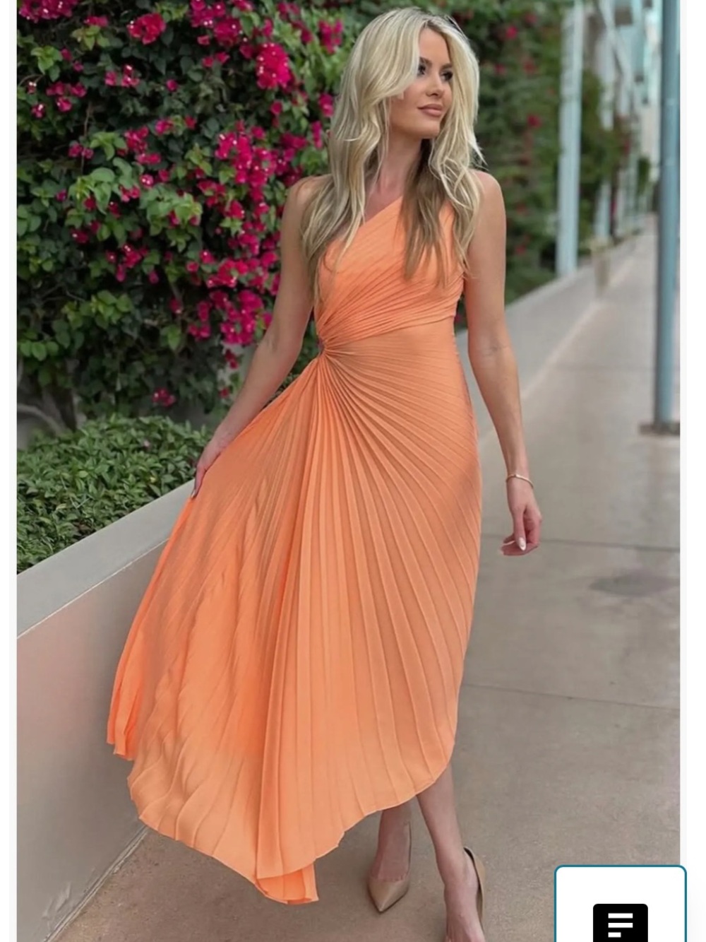 Nicole Miller One-Shoulder Pleated Midi Dress in Peach